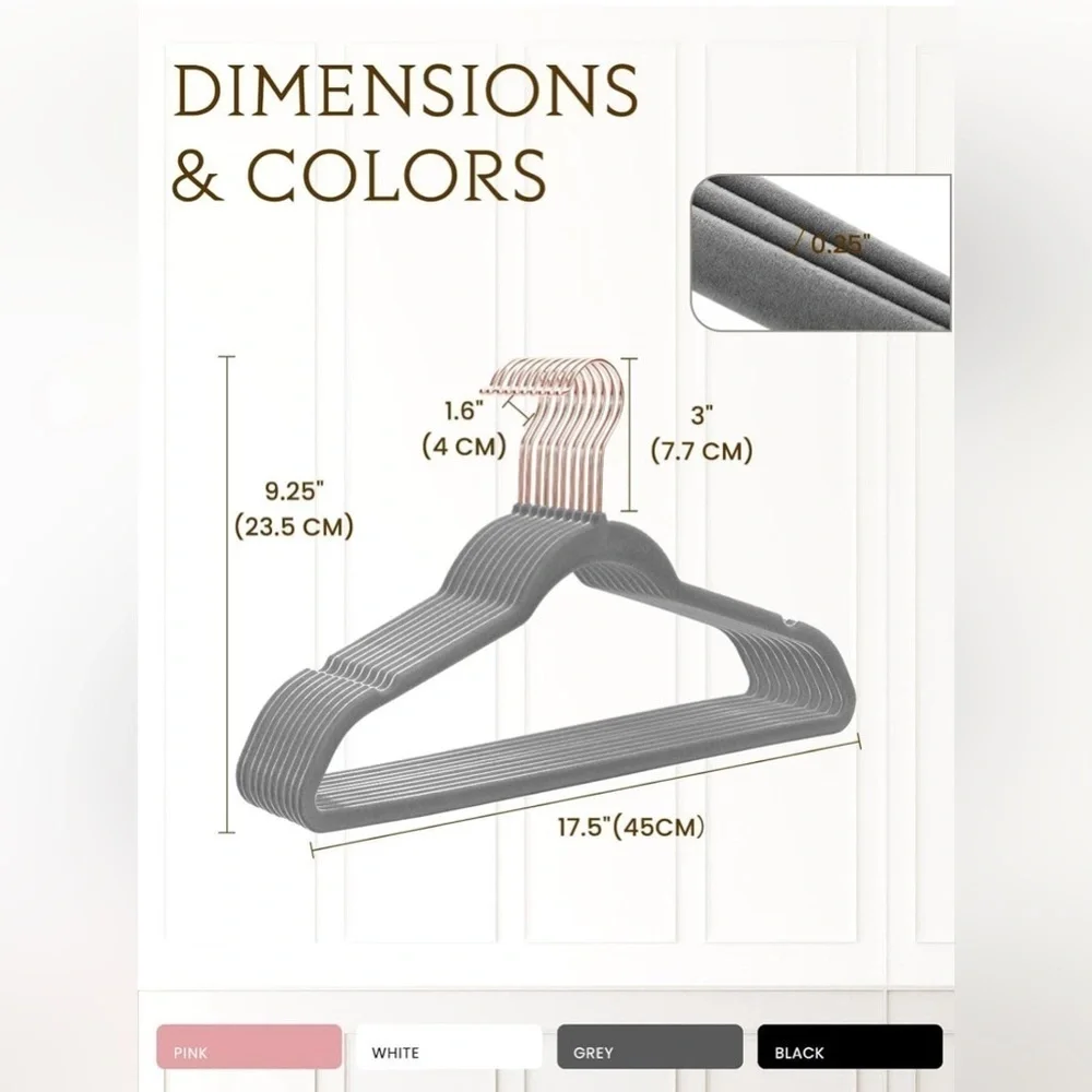 Velvet Non Slip Hangers w/ Rose Gold Hooks Heavy Duty - Grey, 12 Hangers